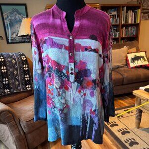 Simply Art by Dolcezza Tunic V-neck Blouse Fallen Stars Print 3/4 sleeve. Size L